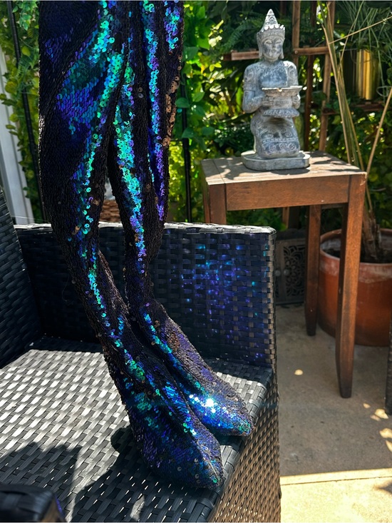 Dolls Kill Shoes - Dolls Kill Iridescent Sequin Over-the-Knee Boots in Blue-Green-Purple
